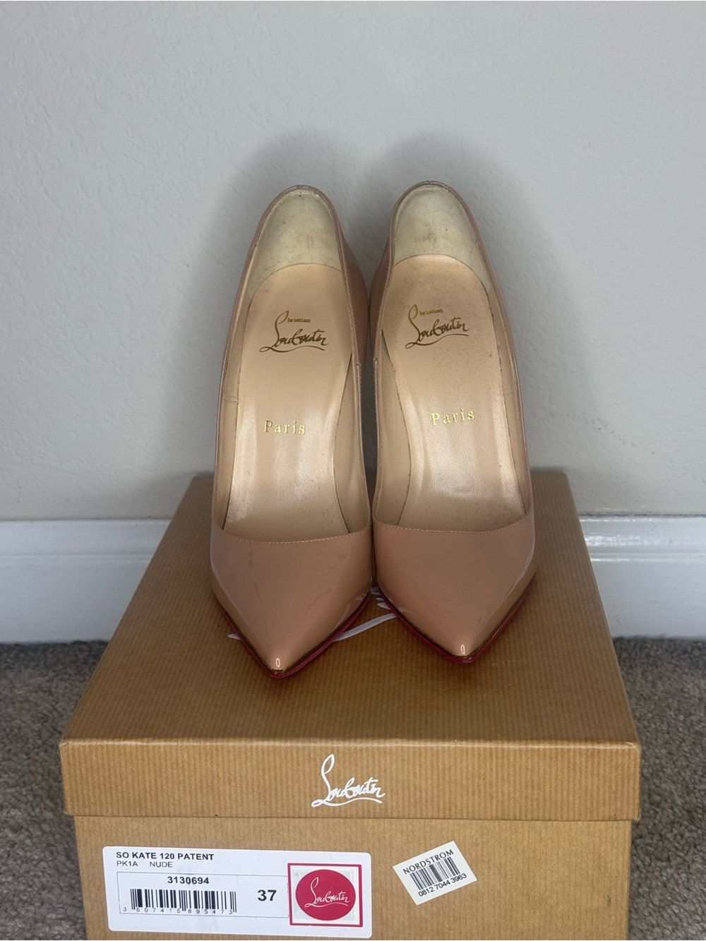 Christian Louboutin Nude Patent So Kate Pointed Pumps with Red Soles